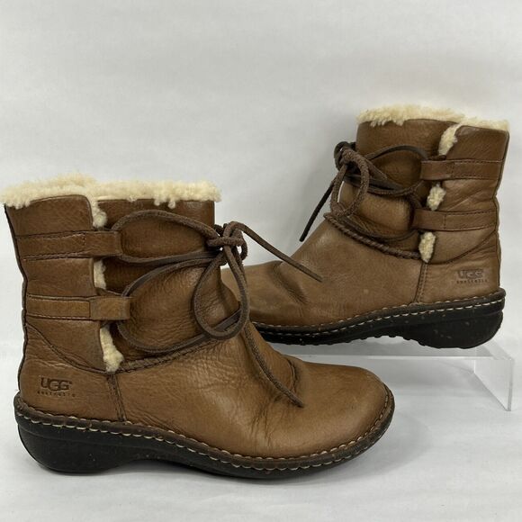 UGG Shoes - Ugg Boots Women 5 Caspia Ankle Short Sheepskin Winter Brown Leather Lace Up 1932